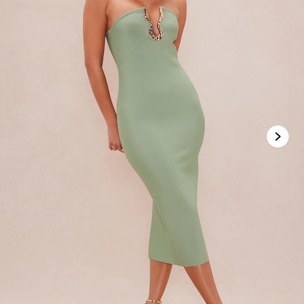 NovaLUXE Green Ruched Strapless Midi Dress